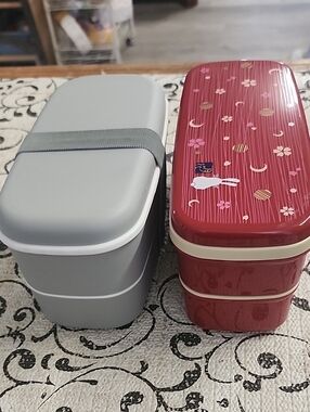 Gray Two-Tier Bento Box & Red Floral Two-Tier Bento Box Set